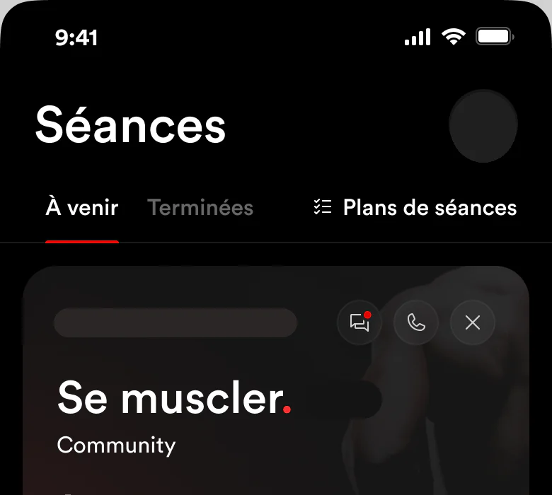 Écran Planning de l’app coach Fiters : liste des séances à venir.