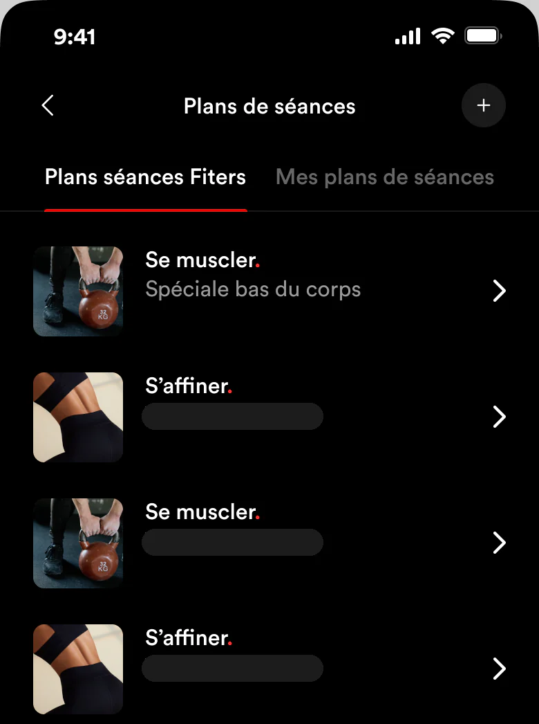 Écran Plans de séances : bibliothèque Fiters et plans personnels.