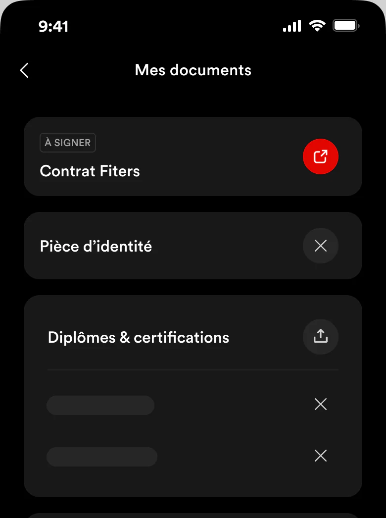 Écran Mes documents : pièces administratives et leur statut.
