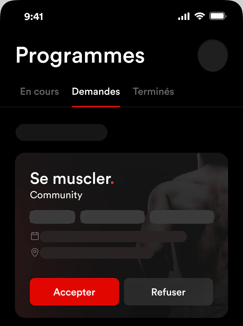 Écran Demande de programme de l’app coach Fiters : détail de la mission, boutons Accepter et Refuser.